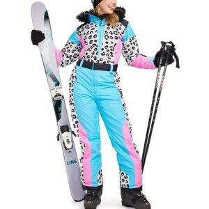 Tipsy Elves Leopard Print Ski Jacket with Blue and Pink Accents